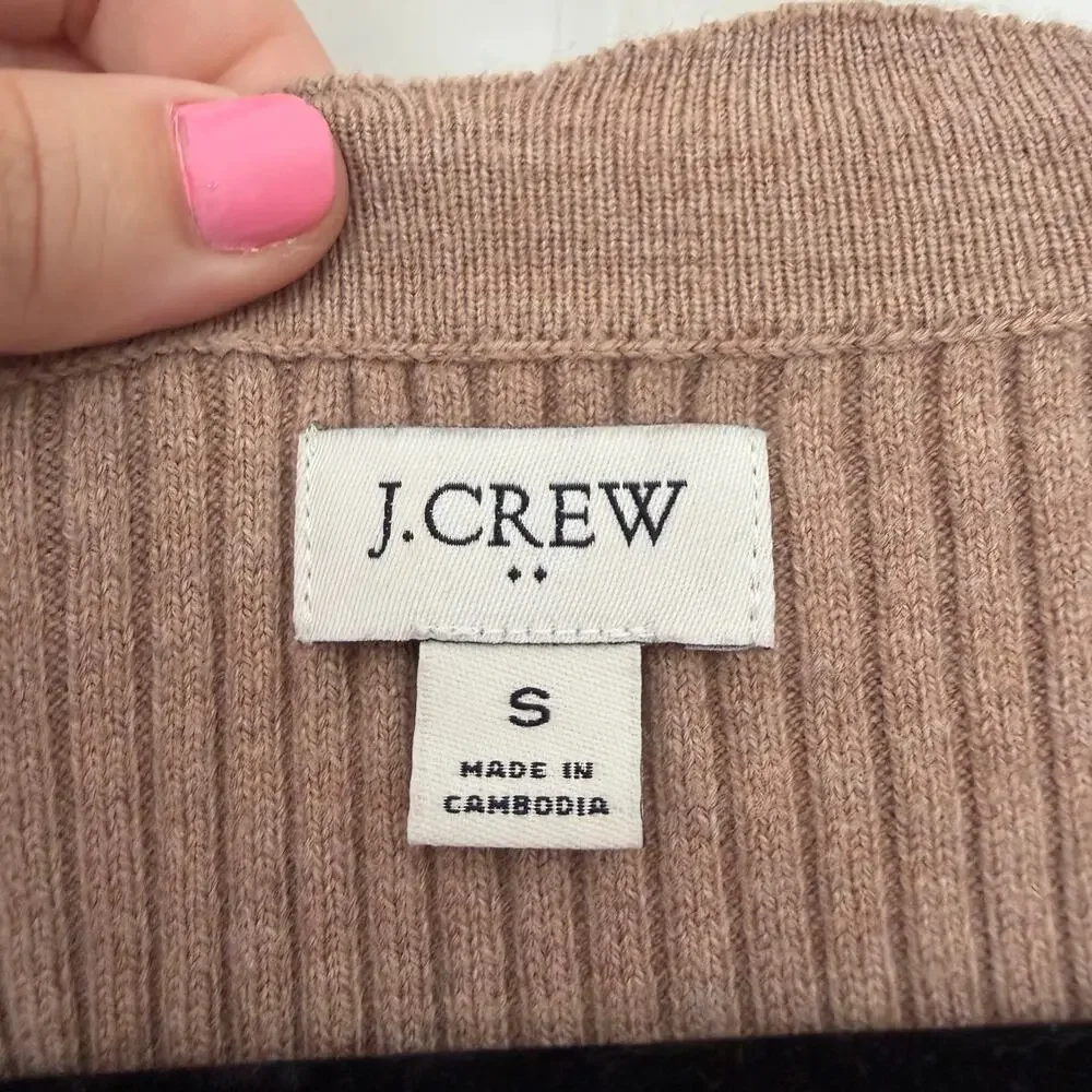 J.Crew (S) Brown Ribbed Scallop Trim Short Sleeve Cardigan Top Quiet Luxury Look